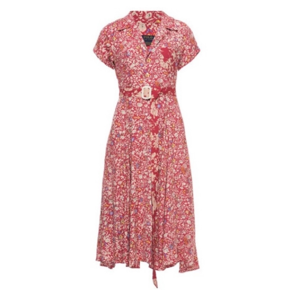 Polo Ralph Lauren Shirt Dress 6 Red Floral A Line Short Sleeve Belt Women’s $398